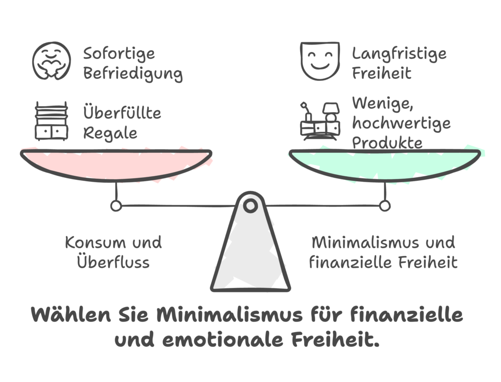 Grafische Darstellung einer Waage, die Minimalismus gegenüber anderem Konsumverhalten abwägt.